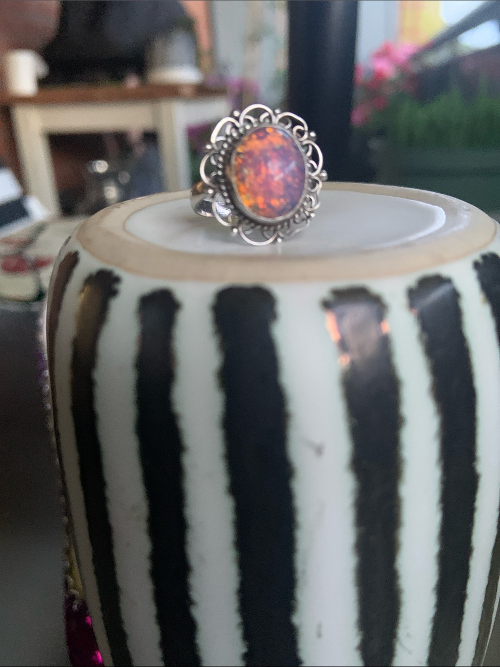 Sterling Silver Opal-Effect Filigree Ring in Orange